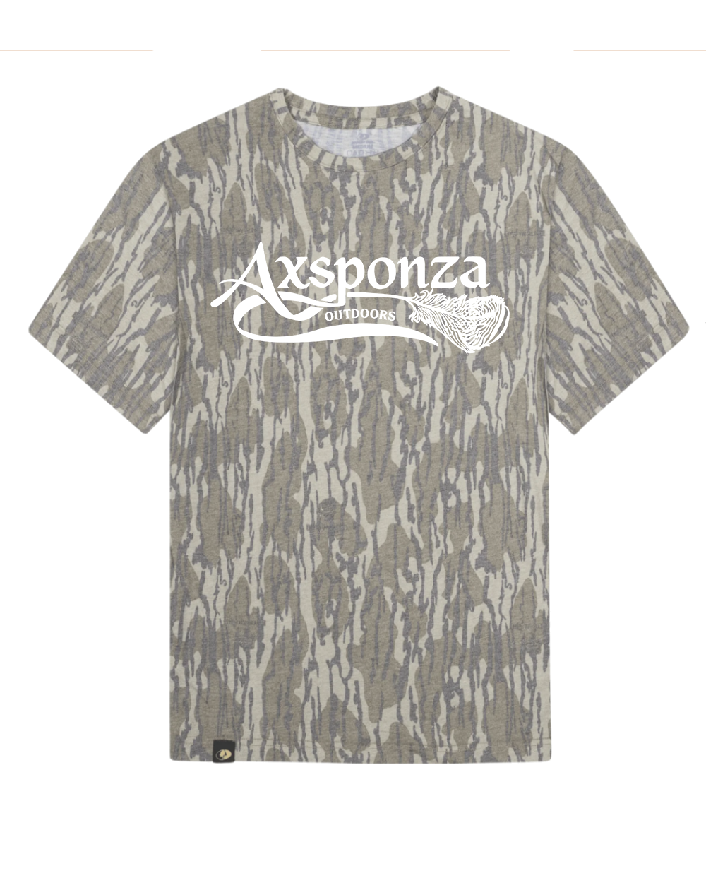 Washed-Out Mossy Oak Bottomland Camo Tee White Axsponza Outdoors Feather Logo