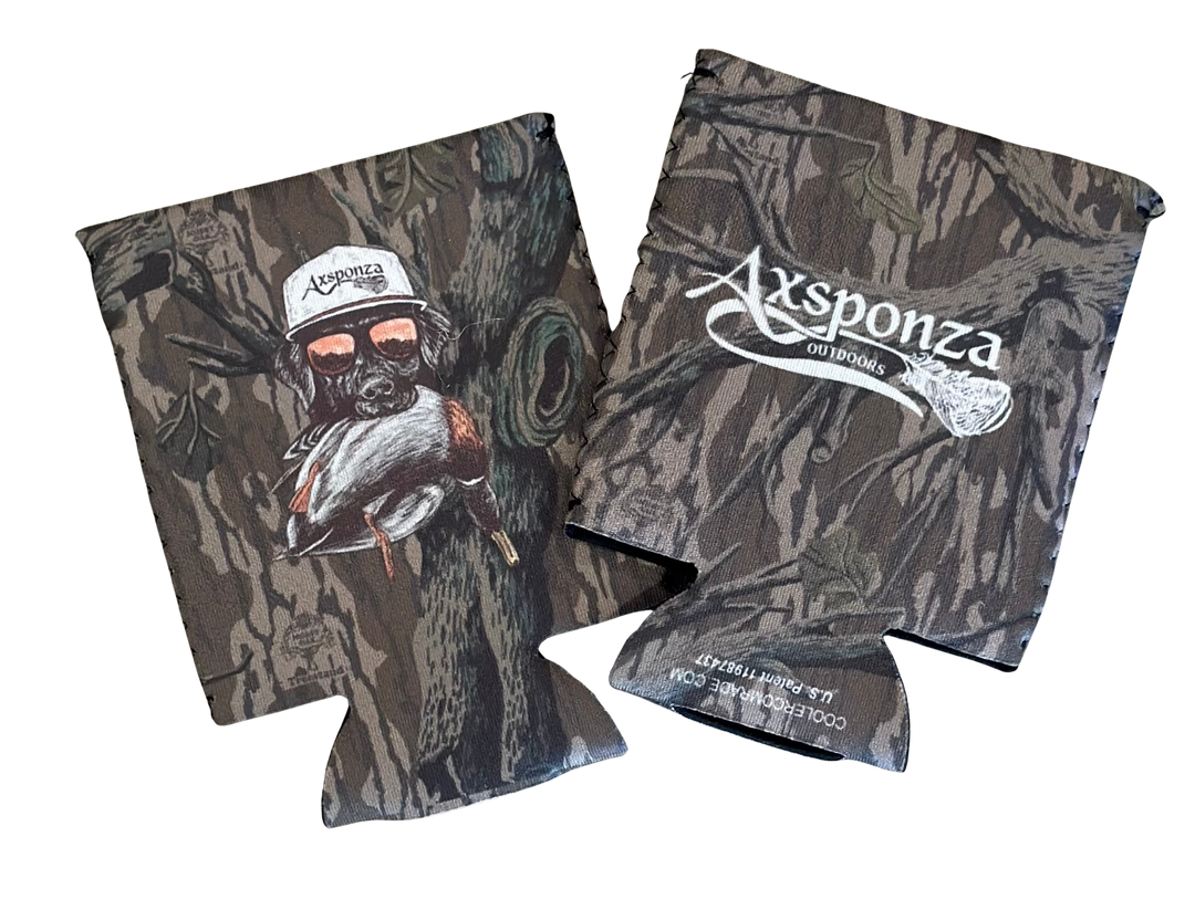 Koozies Regular & Slim Can Treestand Camo with "Shades and Feathers Lab"