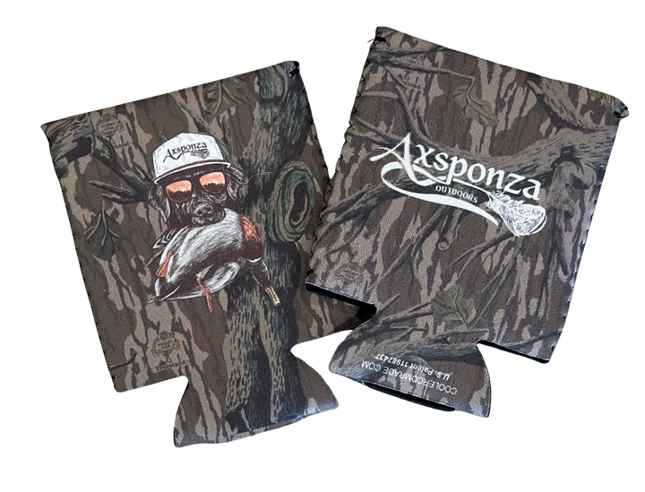 Koozies Regular & Slim Can Treestand Camo with "Shades and Feathers Lab"
