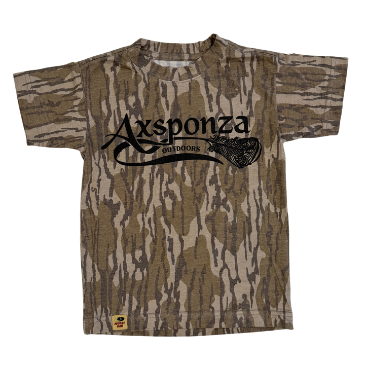 Youth Washed-Out Mossy Oak Bottomland Camo Tee Black Axsponza Outdoors Feather Logo
