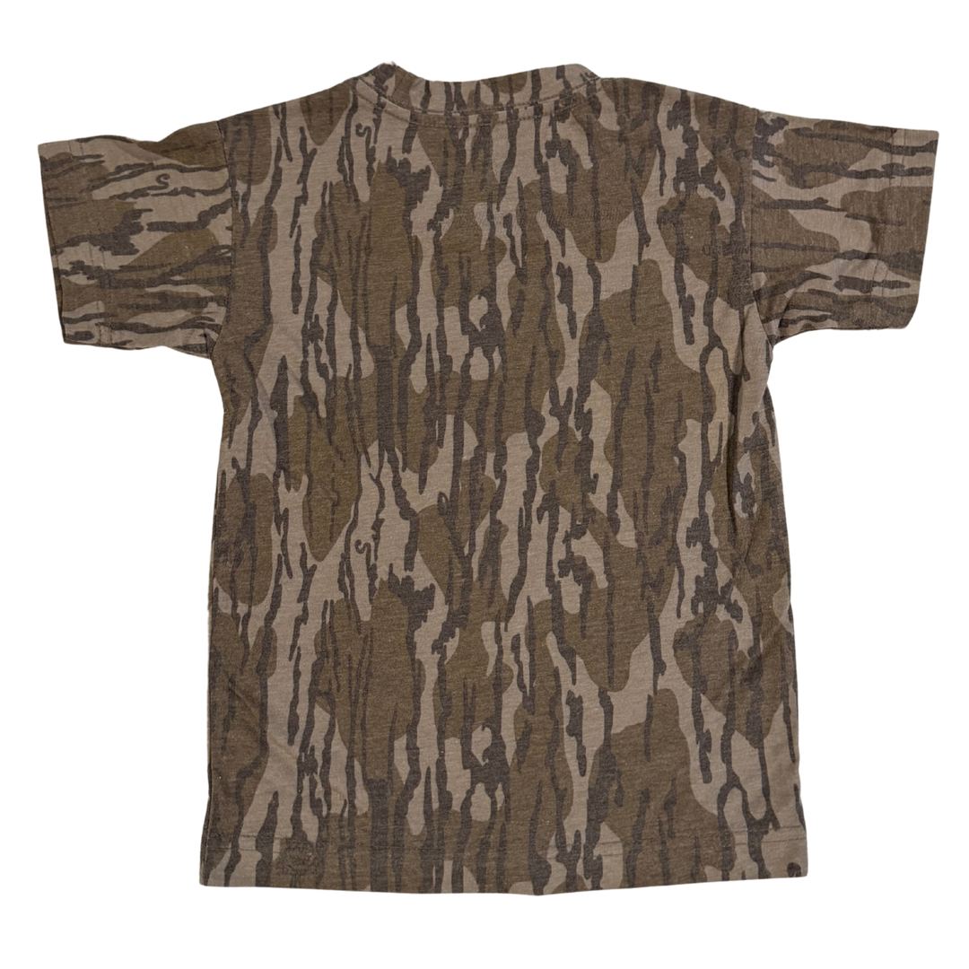 Youth Washed-Out Mossy Oak Bottomland Camo Tee Black Axsponza Outdoors Feather Logo